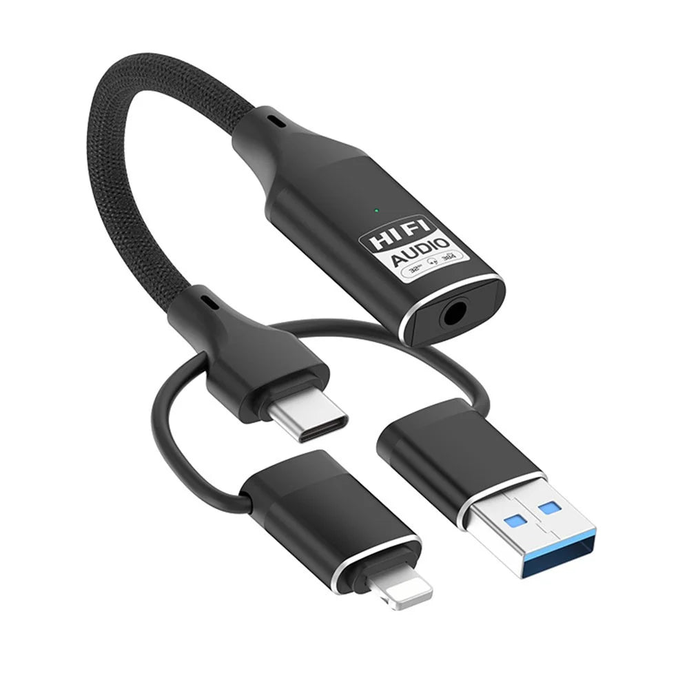 3 In 1 iP  /  USB  /  Type C to 3.5mm HiFi External Sound Card Compatible with Android Windows MAC for Live Streaming Karaoke - Black - 1