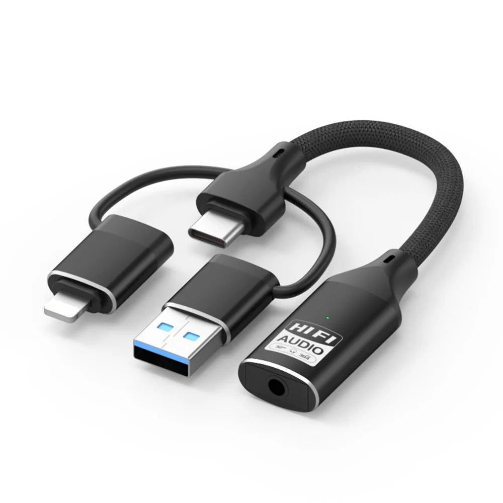 3 In 1 iP  /  USB  /  Type C to 3.5mm HiFi External Sound Card Compatible with Android Windows MAC for Live Streaming Karaoke - Black - 2
