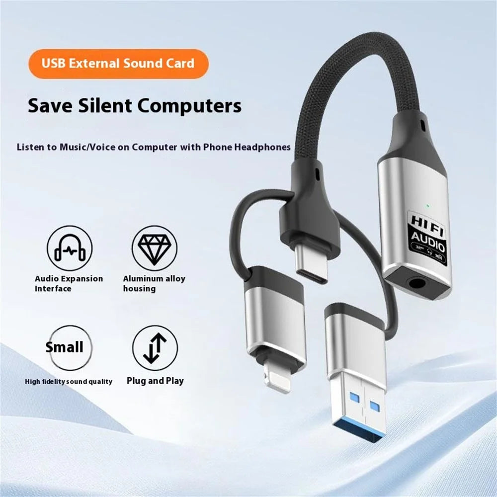 3 In 1 iP  /  USB  /  Type C to 3.5mm HiFi External Sound Card Compatible with Android Windows MAC for Live Streaming Karaoke - Black - 3