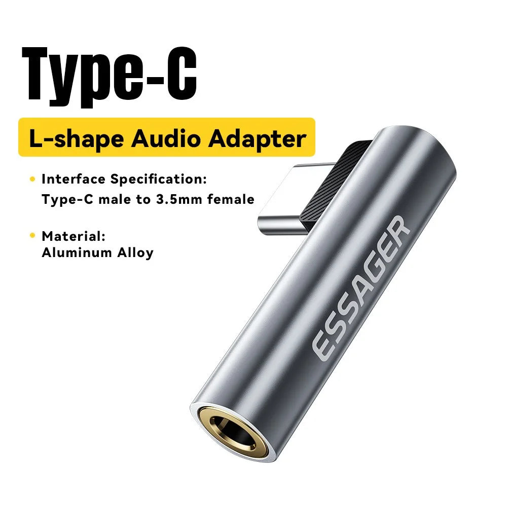 ESSAGER Type-C Male to 3.5mm Female L-Shaped Audio Adapter Inline Control Audio Adapter - Grey - 2