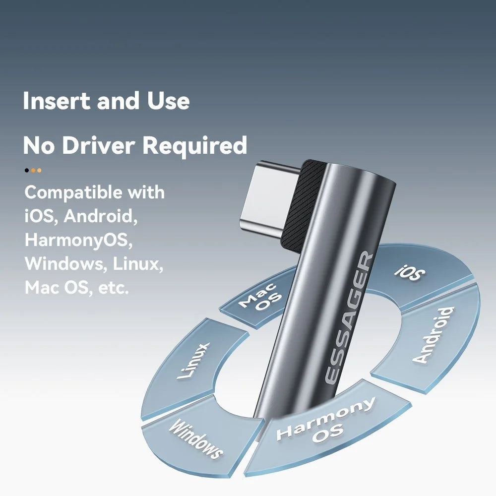 ESSAGER Type-C Male to 3.5mm Female L-Shaped Audio Adapter Inline Control Audio Adapter - Grey - 5