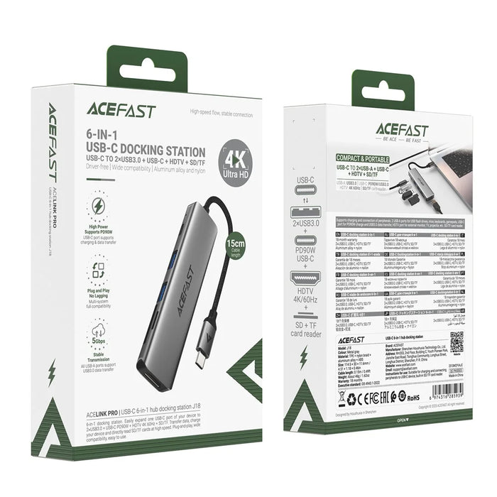 ACEFAST J18 6 in 1 USB-C Hub 4K 60Hz HD PD 90W Fast Charge Docking Station with SD / TF Card Slot - 7