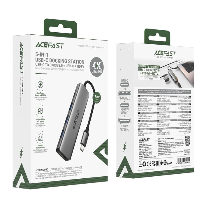 ACEFAST J16 5 in 1 USB-C Hub 4K HD PD 90W Fast Charging 5Gbps Data Transfer Docking Station - 7