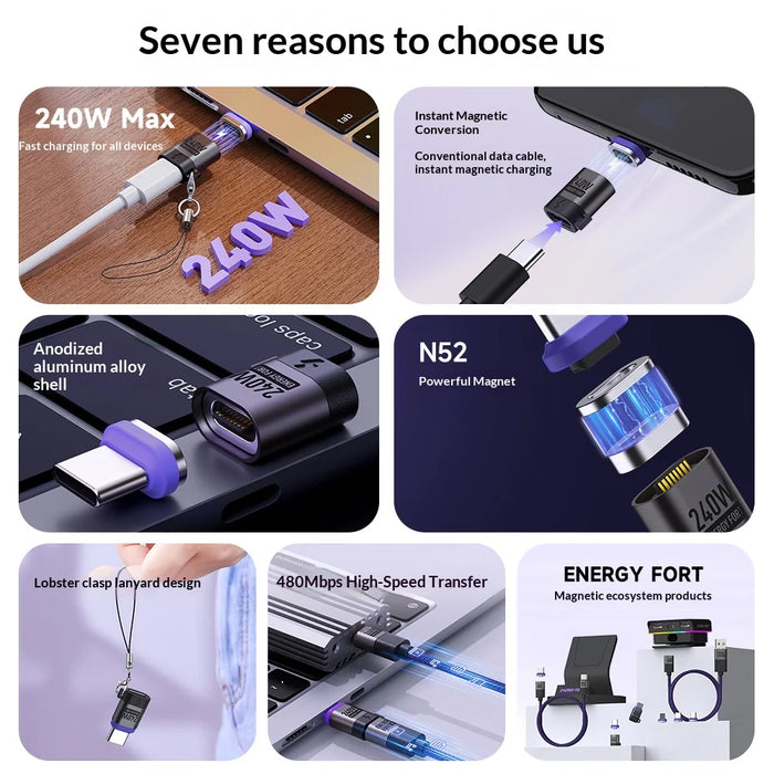 SIKAI 240W PD 3.1 Magnetic Charging Adapter Type-C Fast Charge Data Transfer Connector - U-Shaped Adapter With Magnetic Head - 4