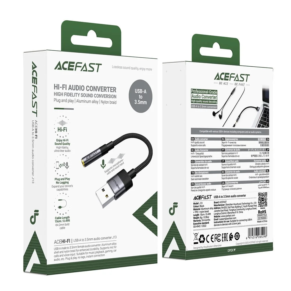 ACEFAST J13 USB-A to 3.5mm Audio Converter High Fidelity Transmission Audio Adapter - Black - 7