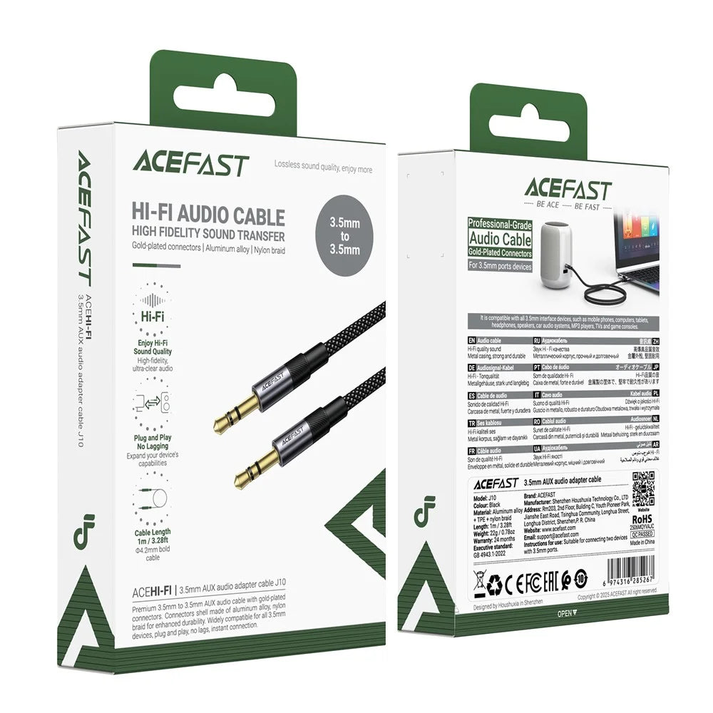 ACEFAST J10 3.5mm to 3.5mm AUX Audio Adapter Cable High Fidelity Transmission Audio Converter - Black - 6