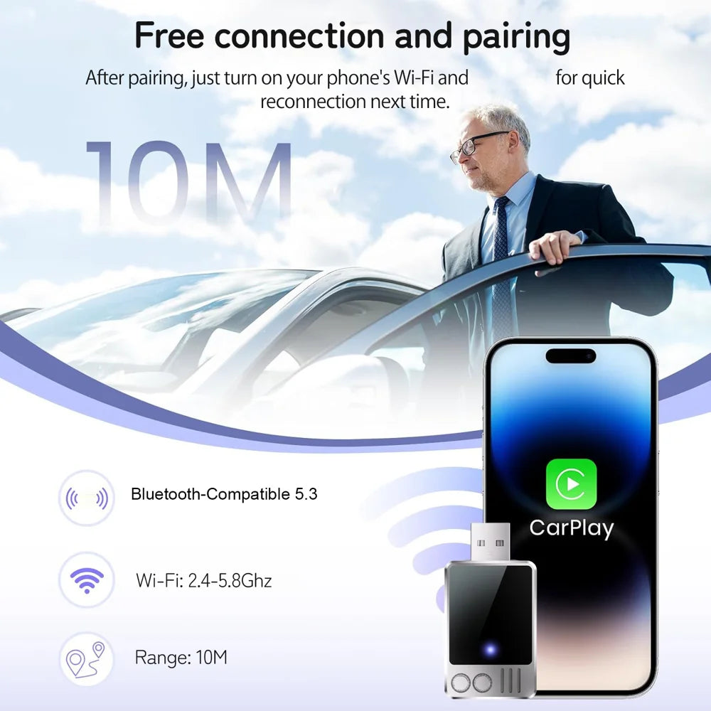 Wired to Wireless CarPlay Adapter for iPhone 2.4/5.8G Dual Band WiFi Bluetooth-compatible USB Dongle - 3