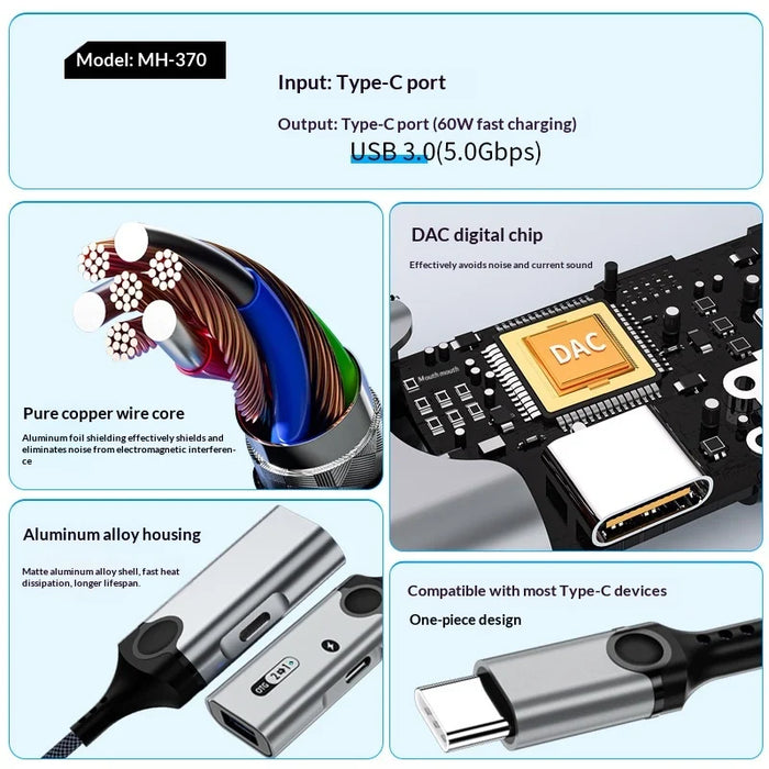 MH370 Type-C to Type-C + USB 3.0 2 in 1 Converter for Mouse/USB Drive PD 60W Fast Charging Data Transfer OTG Adapter - 3