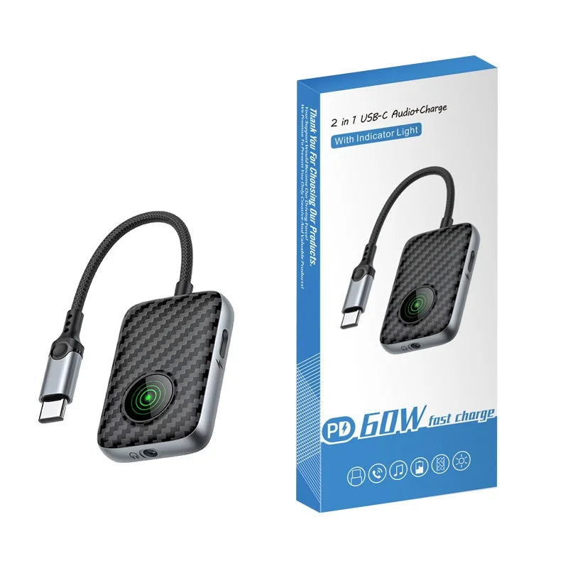 2 in 1 Type-C Adapter Cable 60W Fast Charging Hi-Fi Sound Carbon Fiber Audio Converter - Type-C+3.5mm/ZC4315 - 1