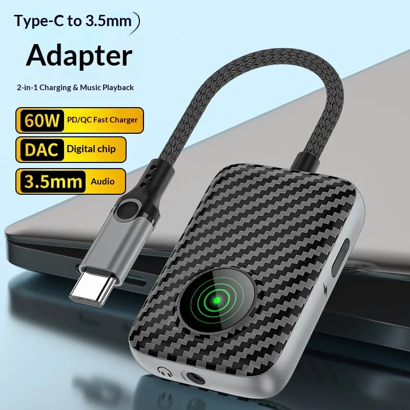 2 in 1 Type-C Adapter Cable 60W Fast Charging Hi-Fi Sound Carbon Fiber Audio Converter - Type-C+3.5mm/ZC4315 - 2