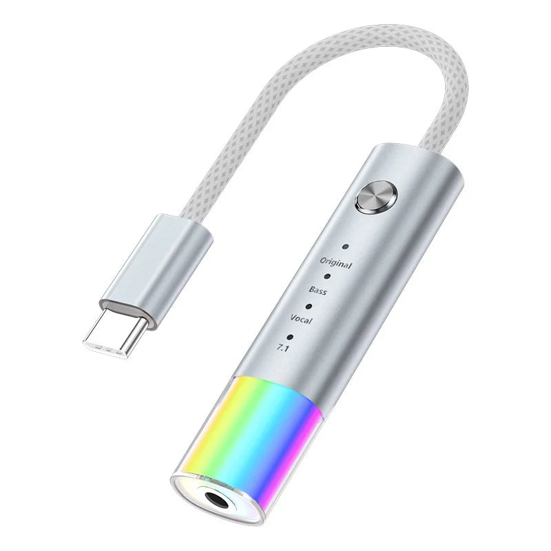 MH657B Type-C to 3.5mm Audio Adapter 4 Sound Modes In-line Control HiFi Sound Converter with RGB Light - Silver Gray - 1