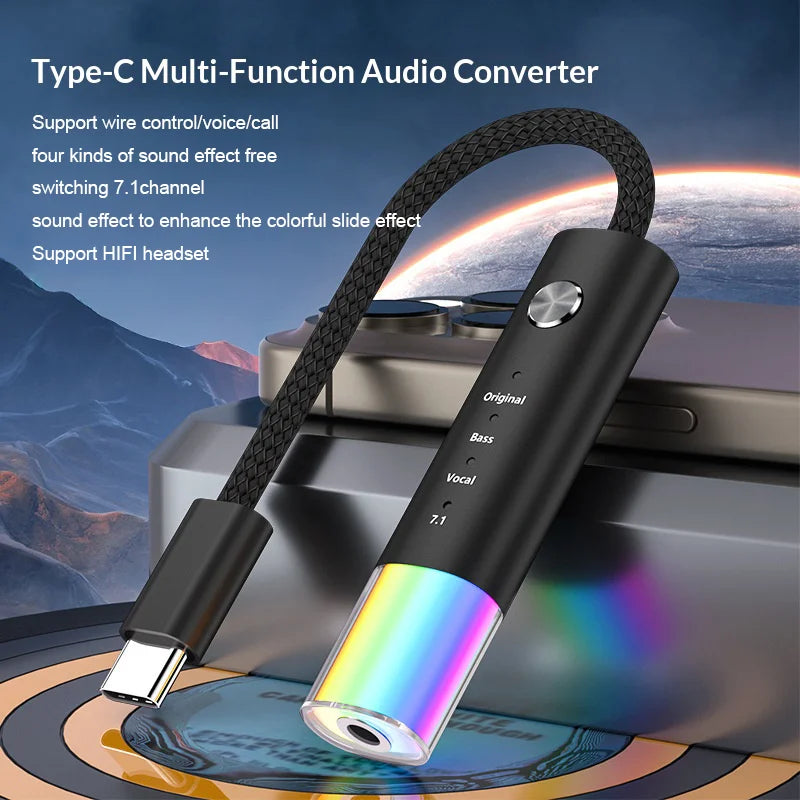 MH657B Type-C to 3.5mm Audio Adapter 4 Sound Modes In-line Control HiFi Sound Converter with RGB Light - Silver Gray - 2