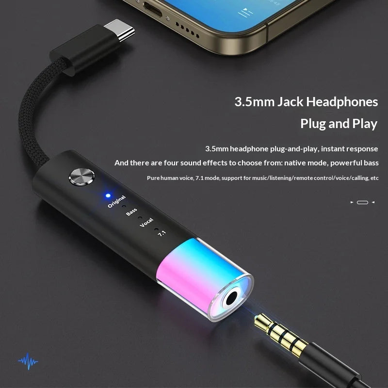 MH657B Type-C to 3.5mm Audio Adapter 4 Sound Modes In-line Control HiFi Sound Converter with RGB Light - Silver Gray - 5