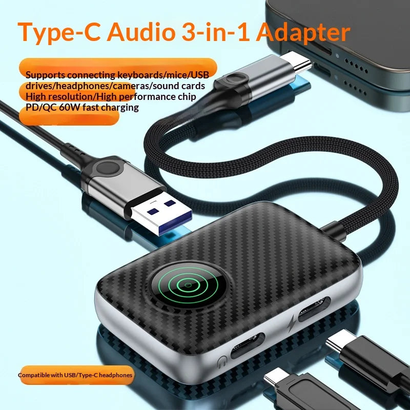 ZC4339 USB-C OTG Adapter 3 in 1 Hub Converter with USB 3.0 Data Transfer, Type-C Audio/Data, 60W PD Fast Charging - Black - 3
