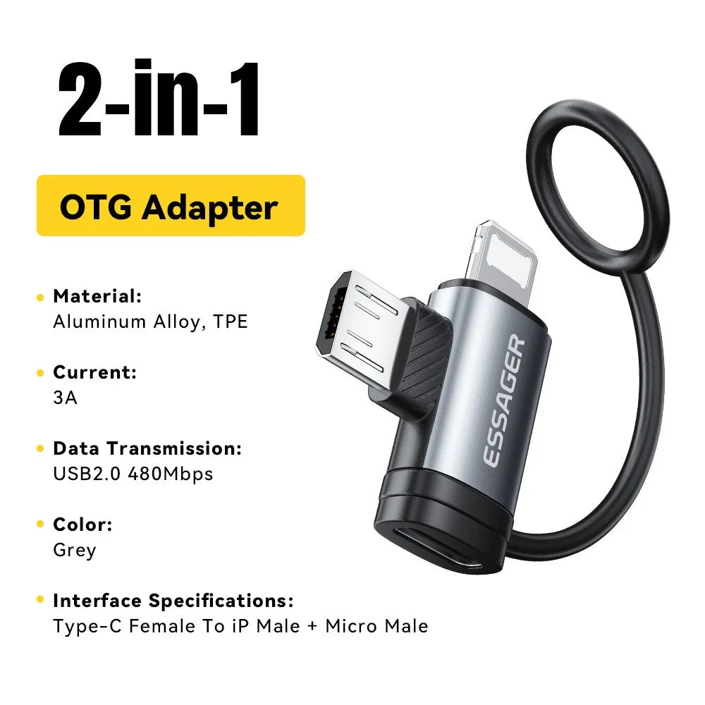 ESSAGER 2-in-1 Adapter Type-C Female to iP (5-14) Male + Micro USB Male 3A Fast Charging Cable Adapter Converter - 2