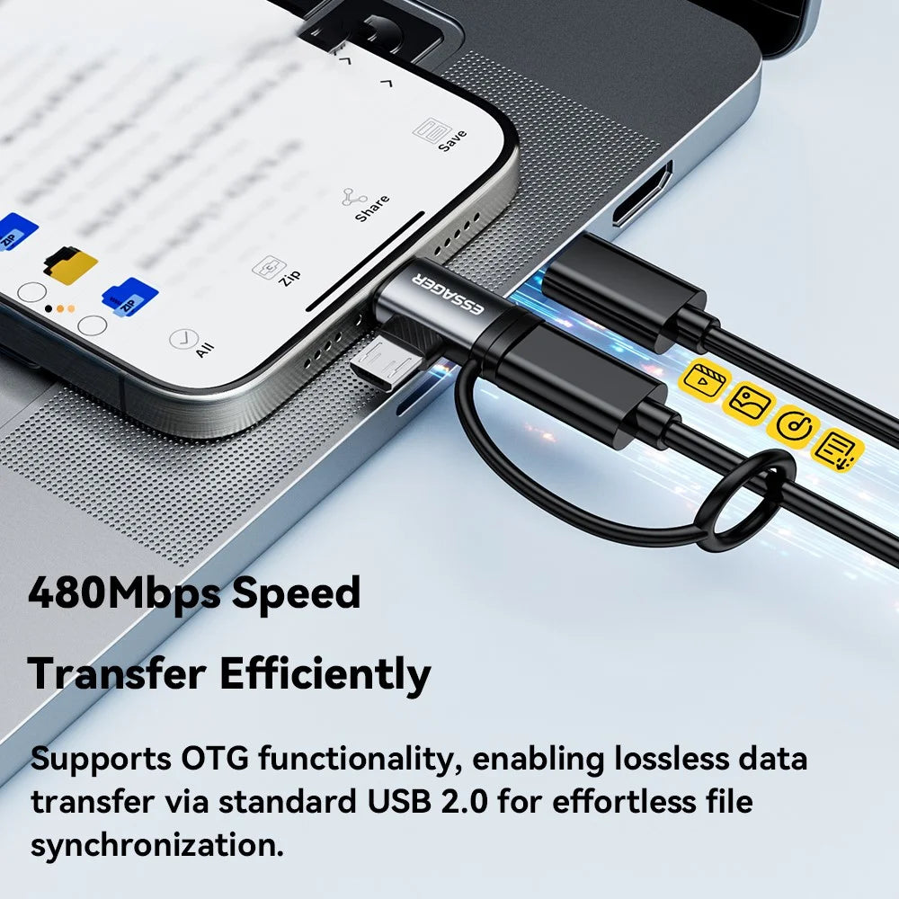 ESSAGER 2-in-1 Adapter Type-C Female to iP (5-14) Male + Micro USB Male 3A Fast Charging Cable Adapter Converter - 6