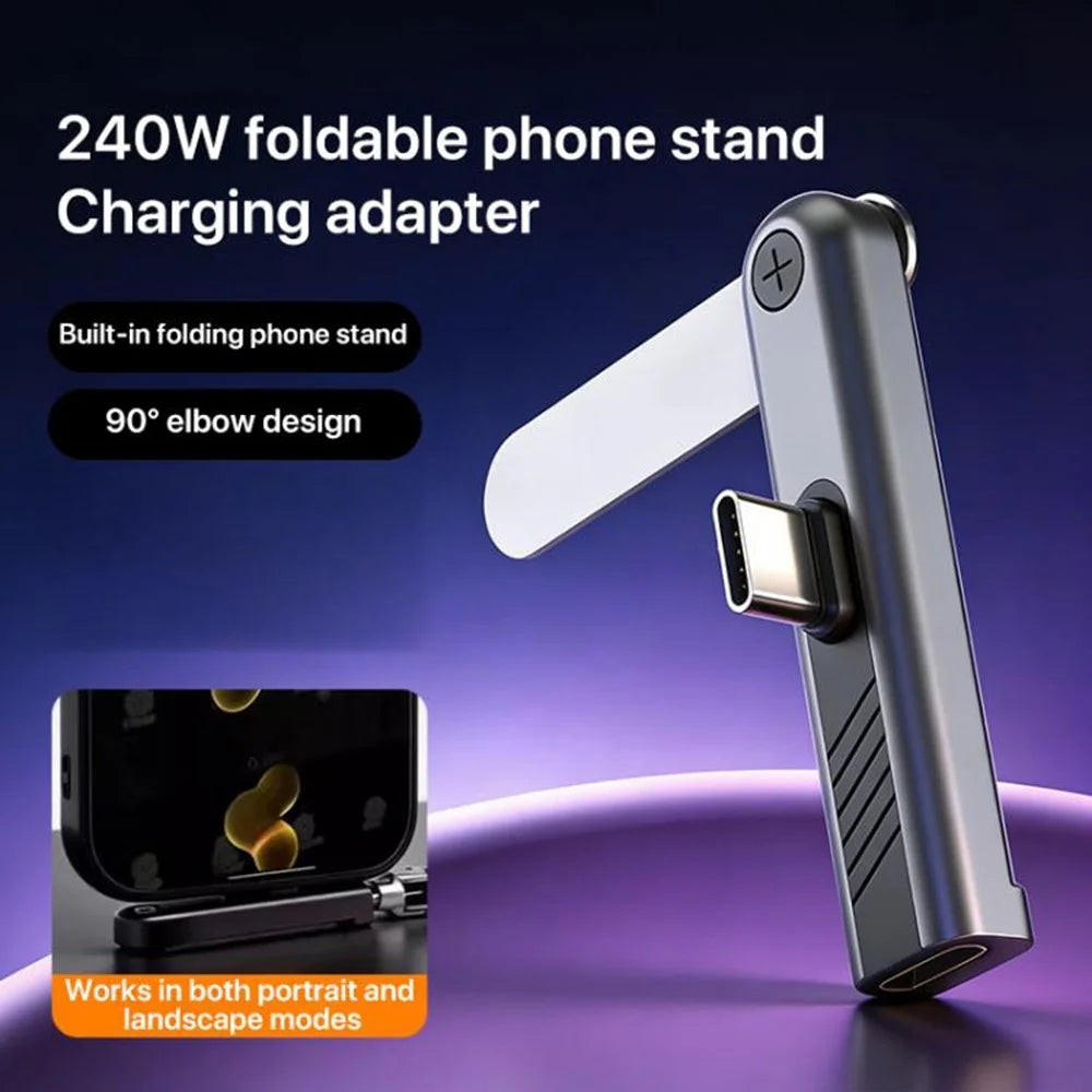 240W Type-C Male to Type-C Female Charging Adapter 90 Degree Foldable Phone Stand 2-in-1 Fast Charging Converter for Gaming - 2