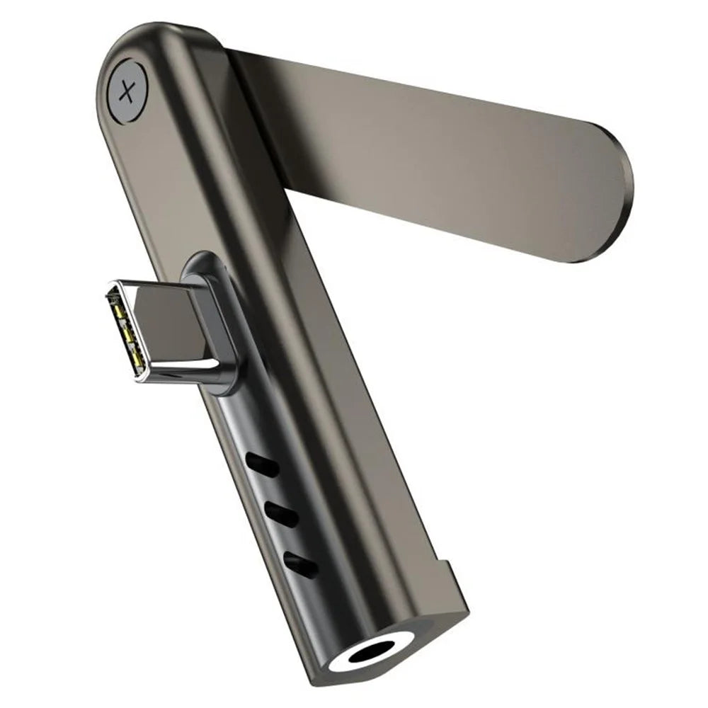 USB-C Male to 3.5mm Female Foldable Phone Stand Audio Adapter Connector Aluminum Alloy Portable Earphone Converter for iPhone 15  /  16  /  17 - Black - 1