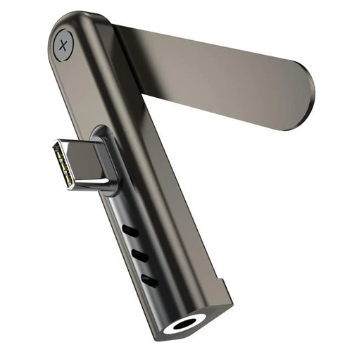 USB-C Male to 3.5mm Female Foldable Phone Stand Audio Adapter Connector Aluminum Alloy Portable Earphone Converter for iPhone 15  /  16  /  17 - Black - 1