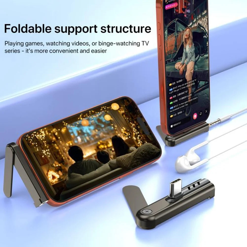 USB-C Male to 3.5mm Female Foldable Phone Stand Audio Adapter Connector Aluminum Alloy Portable Earphone Converter for iPhone 15  /  16  /  17 - Black - 3