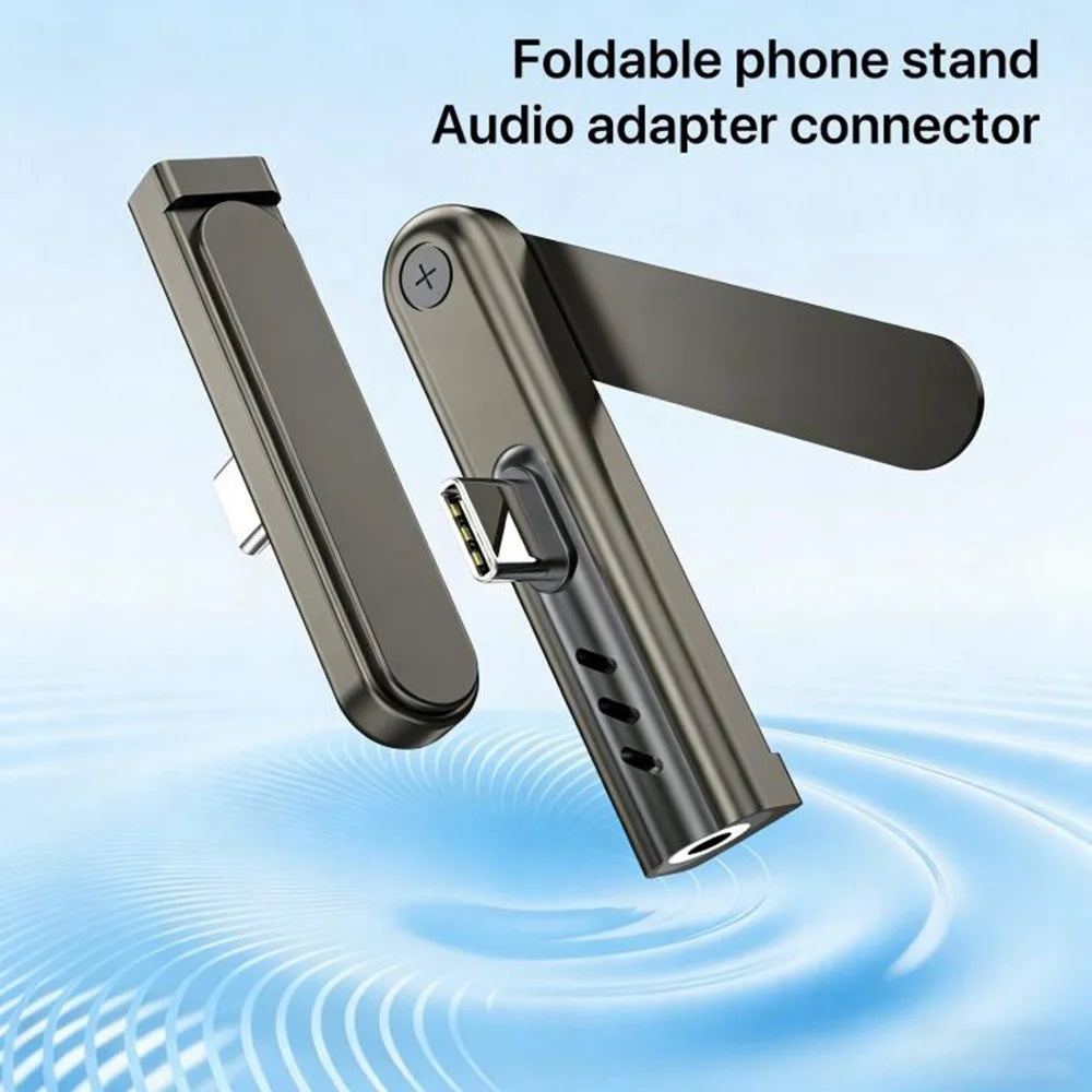 USB-C Male to 3.5mm Female Foldable Phone Stand Audio Adapter Connector Aluminum Alloy Portable Earphone Converter for iPhone 15  /  16  /  17 - Black - 4