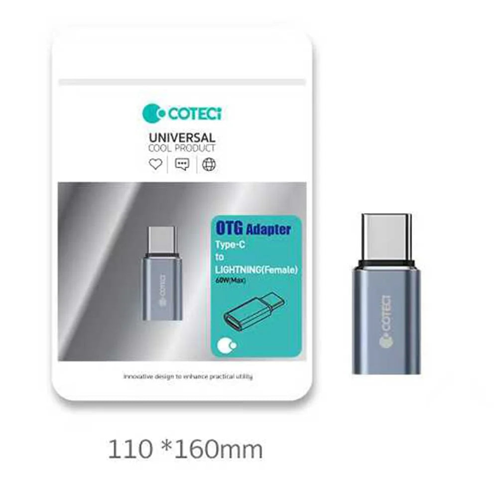 COTECI OT-039 Type-C Male to iP Female Converter 60W Fast Charging Data Transfer OTG Adapter - Grey - 5