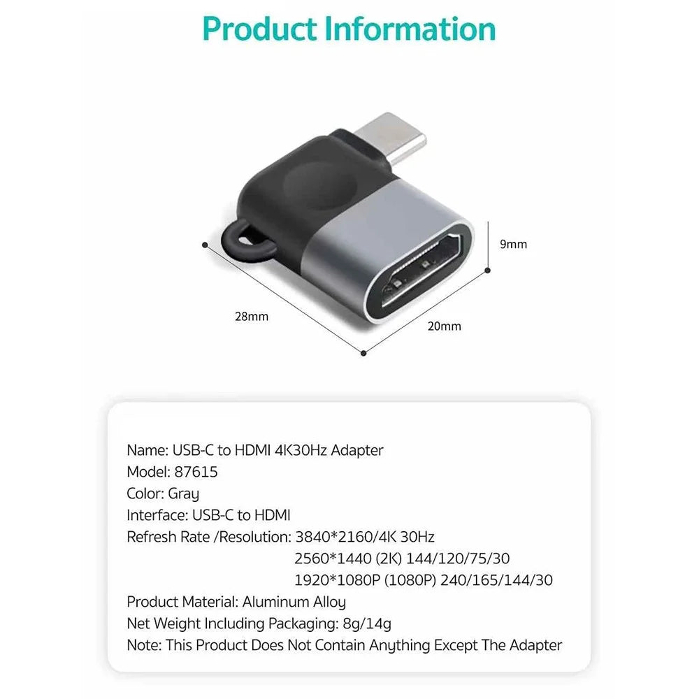 COTECI 87615 USB-C to HD 4K 30Hz Adapter Aluminum Alloy Converter for Laptop Phone - Grey - 6
