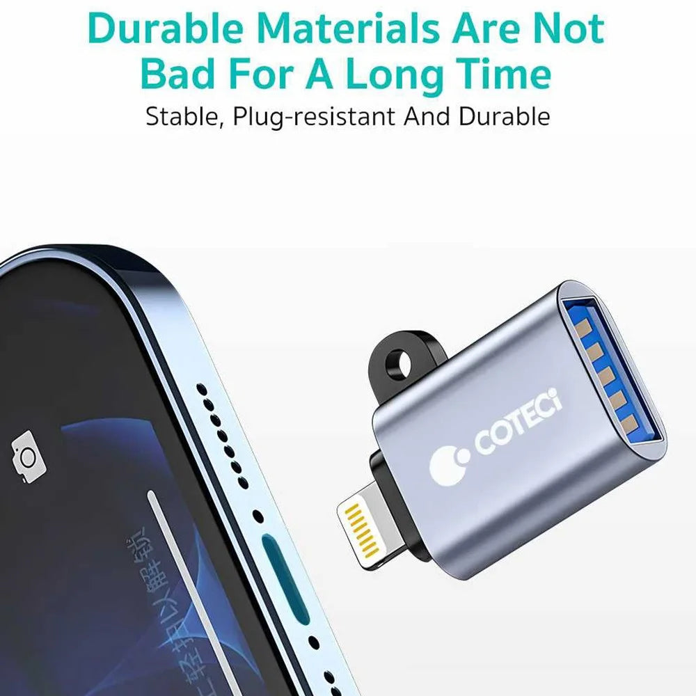 COTECI 87616 iP to USB-A OTG Adapter Metal Aluminum Alloy Converter for iPhone iPad Data Transfer - Grey - 5