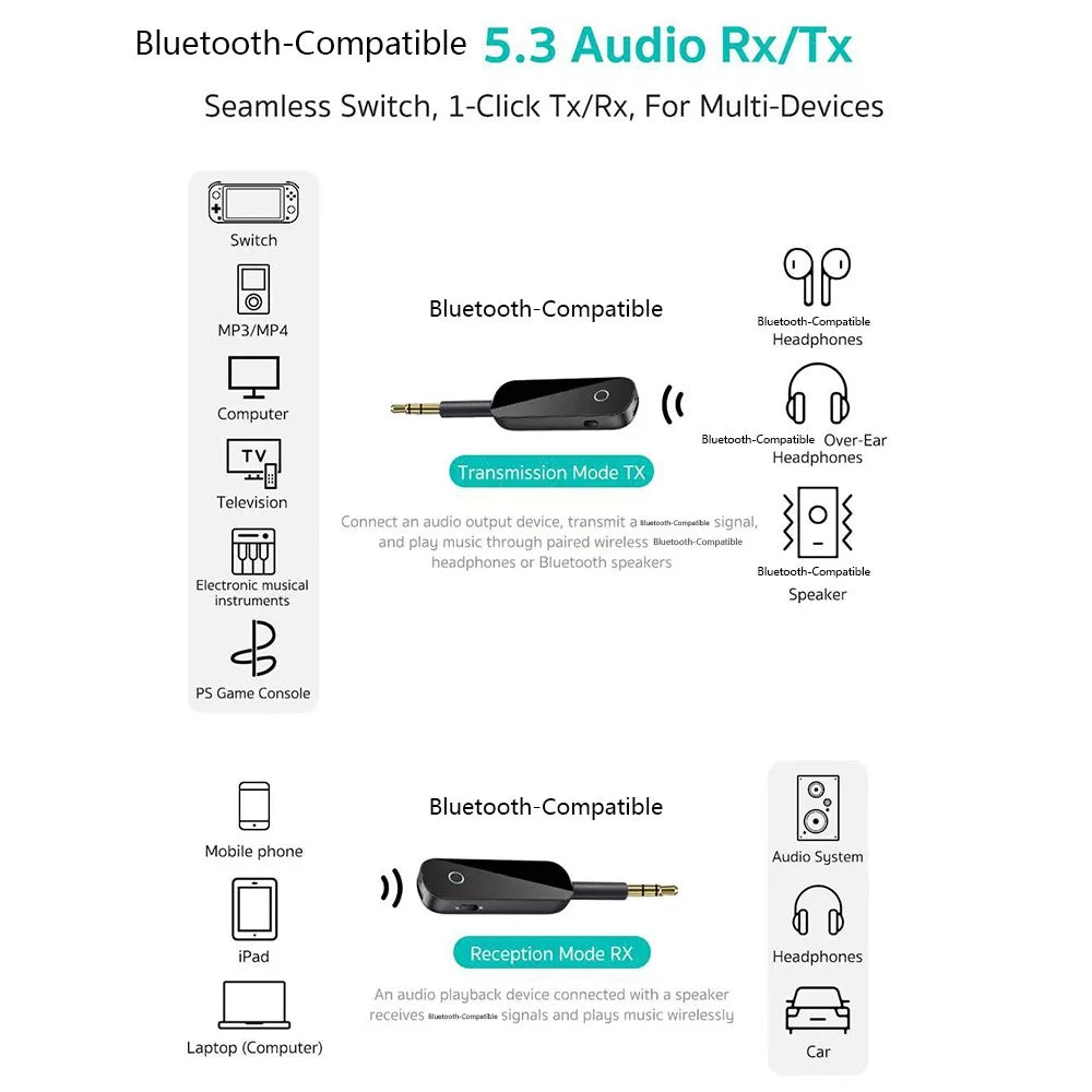 COTECI MS-016 2 in 1 Bluetooth-compatible 5.3 Transmitter Receiver 3.5mm Wireless Audio Dongle with Airplane Travel Adapter - Black - 7