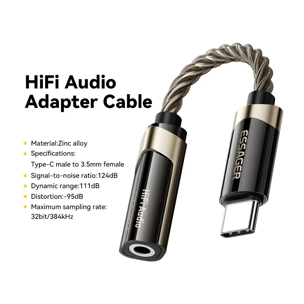 ESSAGER ES-YP29 HiFi Audio Adapter Cable Type-C Male to 3.5mm Female Silver-Plated Conductor Braided Cable - Tarnish - 3