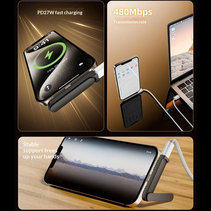 PH-02 Foldable Phone Stand with iP (5-14) to Type-C Adapter 27W PD Fast Charging Data Transfer Gaming Phone Holder - Grey - 4