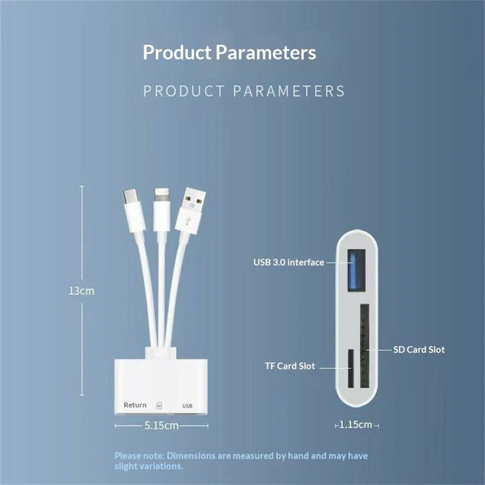 103TPro 3 in 1 Type-C / iP / USB-A Adapter SD TF Card Reader for iPhone iPad MacBook Samsung - White - 6