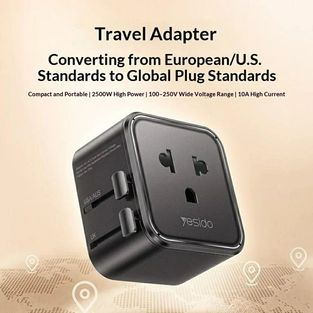 YESIDO MC46 Universal Travel Adapter Ultra Slim 2500W 10A International Power Plug - Black - 2