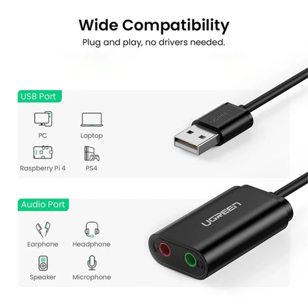 UGREEN 30724 USB Audio Adapter External Stereo Sound Card with 3.5mm Headphone and Microphone Jack for Windows Mac Linux PC Laptop PS4 - 2