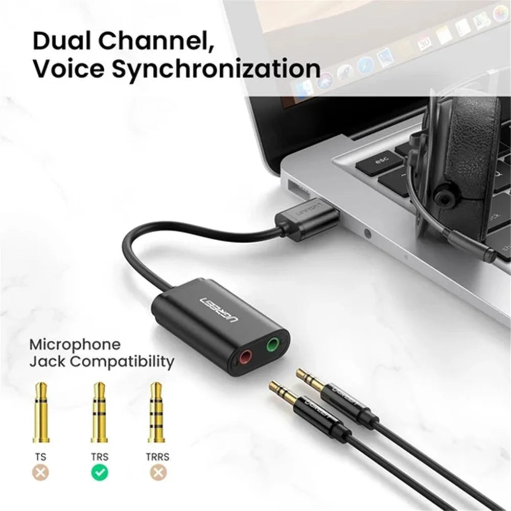 UGREEN 30724 USB Audio Adapter External Stereo Sound Card with 3.5mm Headphone and Microphone Jack for Windows Mac Linux PC Laptop PS4 - 3