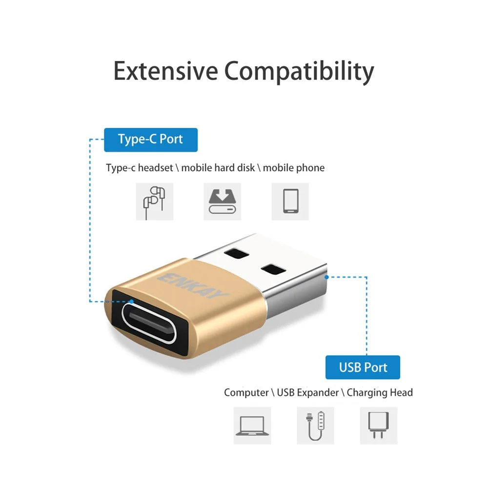 ENKAY HAT PRINCE ENK-AT105 USB Male to Type-C Female Adapter Connector Support Fast Charge Data Transfer - Gold - 5
