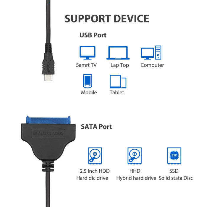 USB-C to 22-pin SATA Adapter Converter High-Speed Data Transfer Cable for 2.5 inch HDD SSD - Black - 3