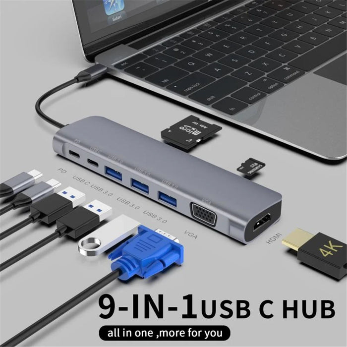 YSTC9048 9 in 1 Multi-port USB C Hub Portable High-speed Data Sync Converter USB C to USB3.0 TF SD Adapter Support HD  VGA - 2