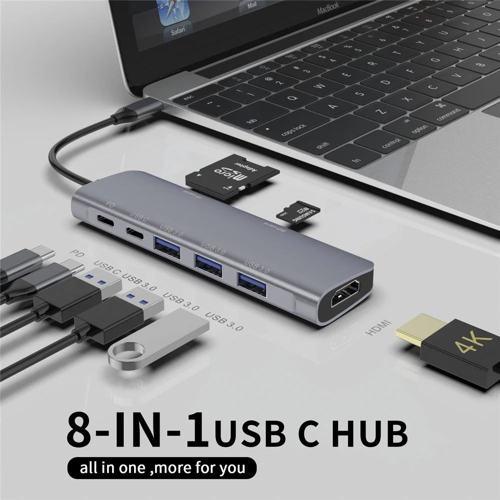 YSTC9038S 8 in 1 Portable USB C Hub Multi-function High-speed Data Sync Converter USB C to HD USB3.0 TF Card Adapter - 2