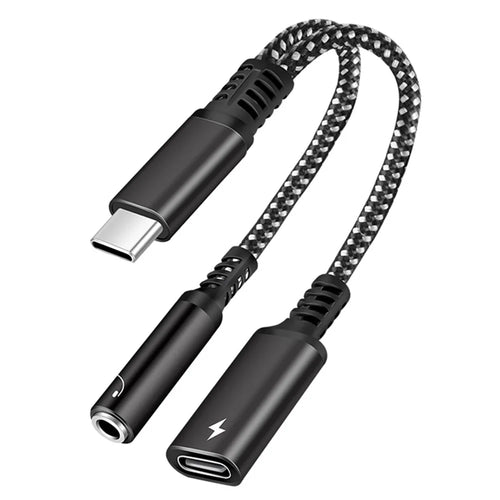 2-in-1 Type-C Male to PD 60W Type-C Charging + 3.5mm Audio Female Headphone Adapter Splitter - Black - 1