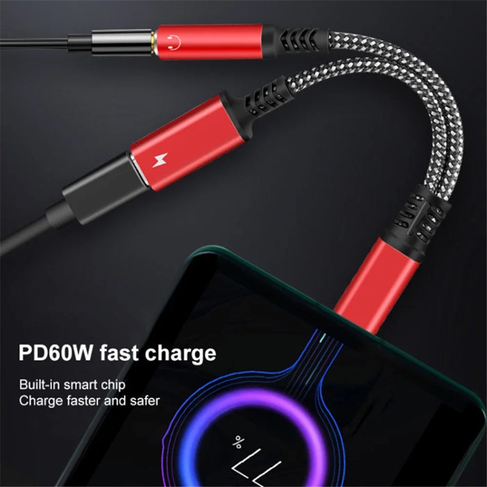 2-in-1 Type-C Male to PD 60W Type-C Charging + 3.5mm Audio Female Headphone Adapter Splitter - Black - 3