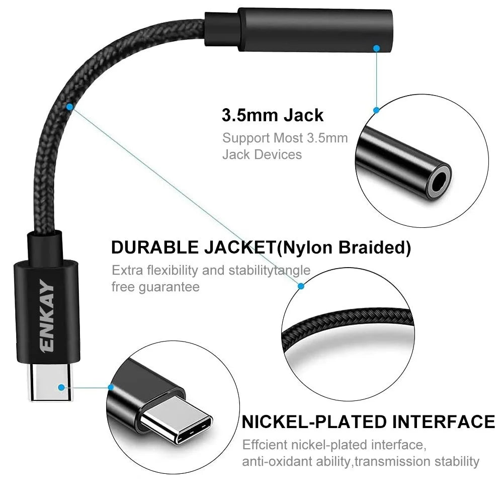 ENKAY HAT PRINCE ENK-AT111 USB Type C to 3.5mm Aux Headphones Jack Male to Female Adapter Headphones Audio Converter - 4