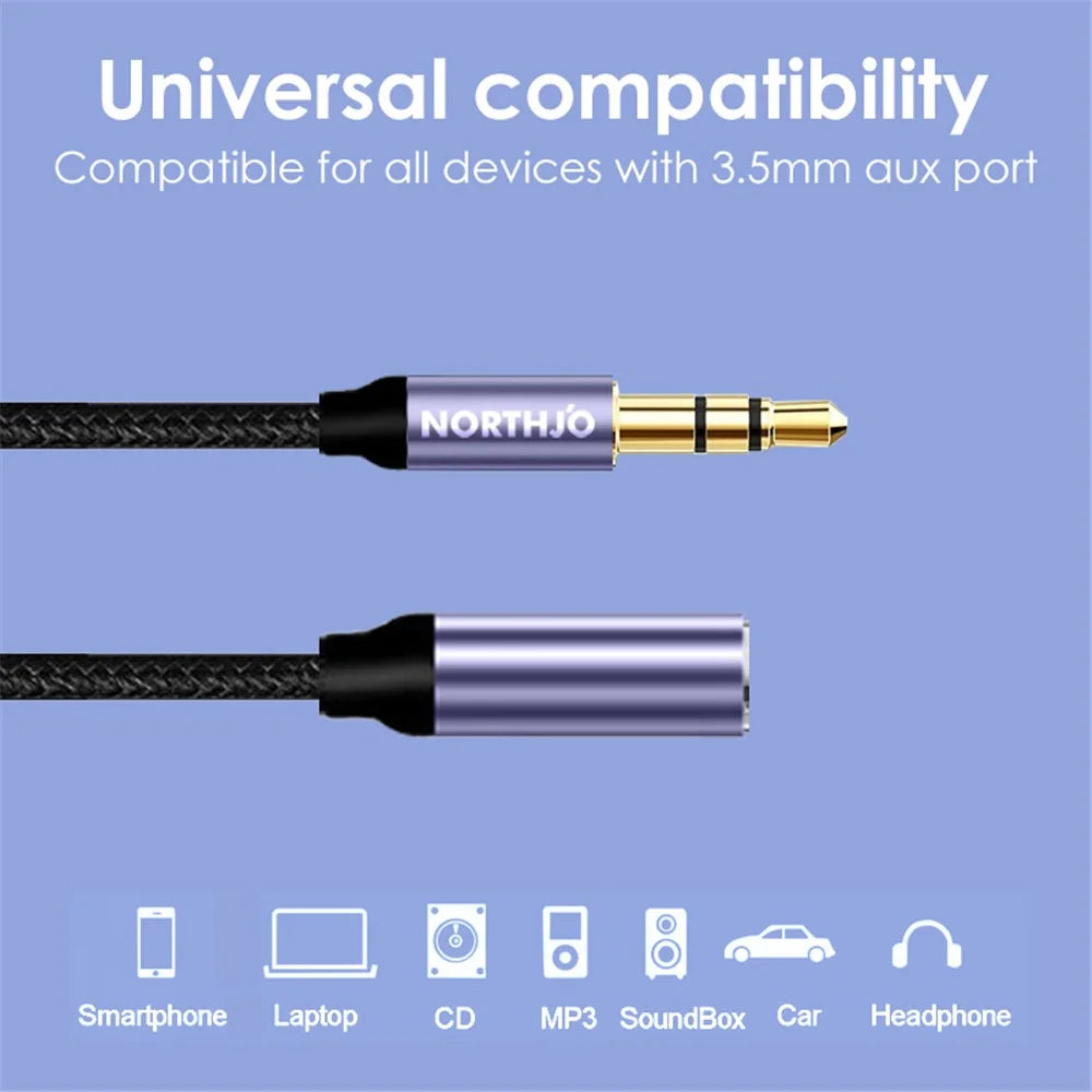 NORTHJO 1m Audio Cable 3 Pole 3.5mm Male to Female Stereo Aux Cord - 2