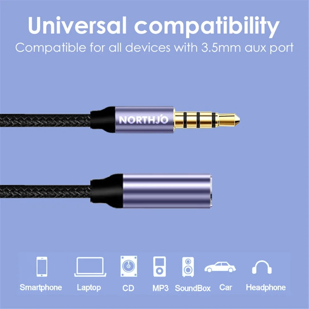 NORTHJO 1m AUX Extension Cable 4 Pole 3.5mm Male to Female Stereo Audio Cord - 2