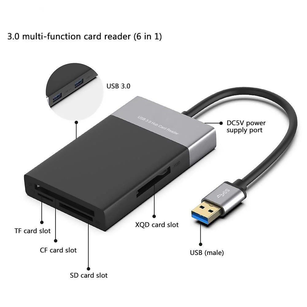 USB Hub Fast Speed USB 3.0 Splitter Adapter Cable Multifunction 6-in-1 Card Reader USB Converter Support XQD / SD / TF / CF Card - 5