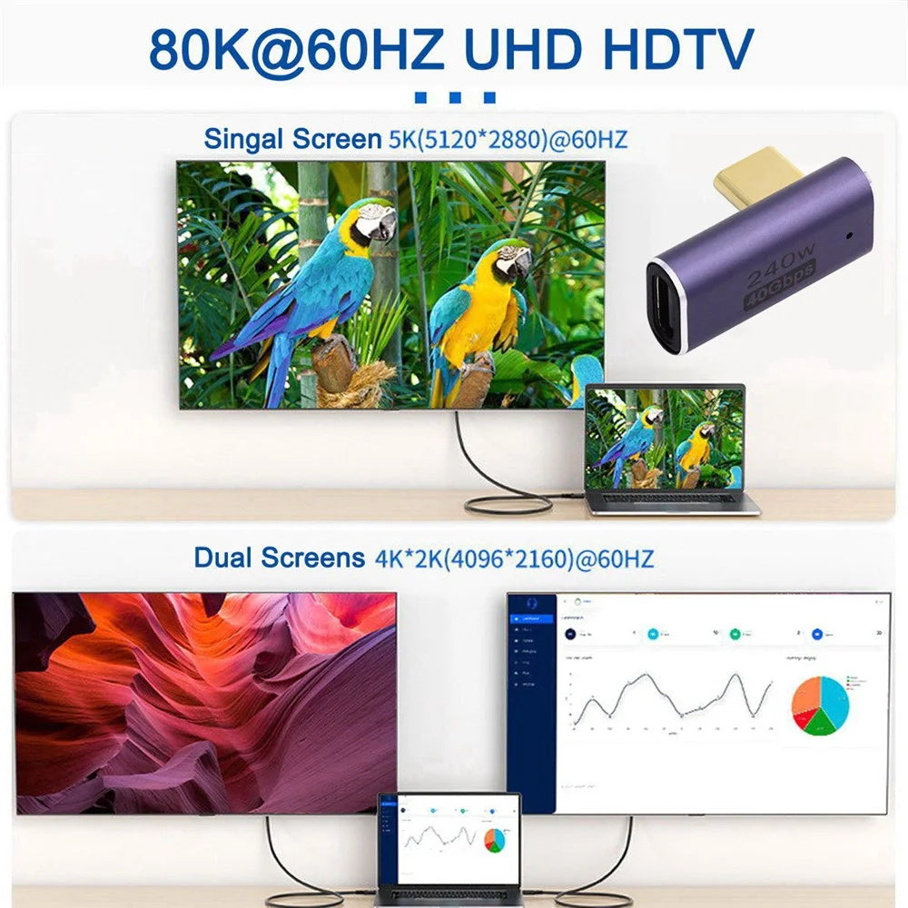 240W Type-C Female to Male Angled Mini Adapter 40Gbps Converter Support 8K Audio Transmission - 3