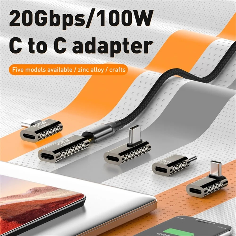 100W Type-C Male to Type-C Female Adaptor 20Gbps Zinc Alloy Angled USB-C Converter - 2