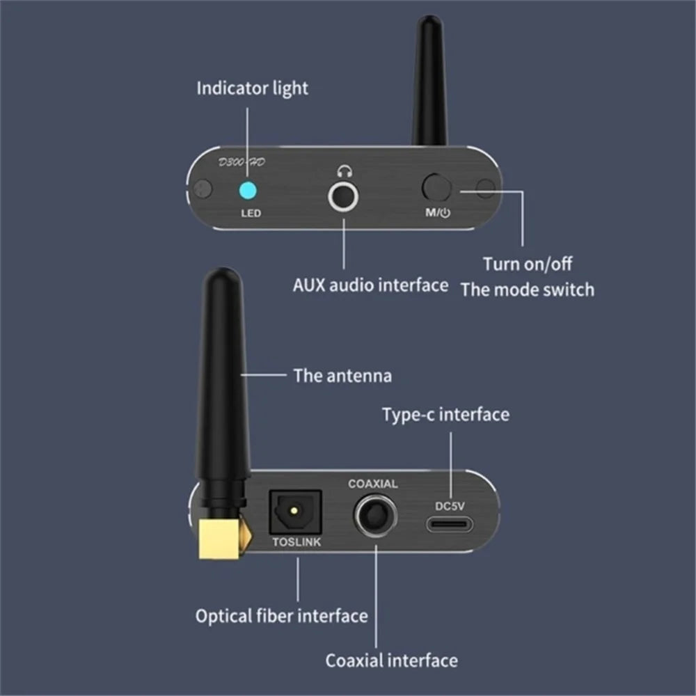 D300 3.5mm AUX Optical Fiber Coaxial Bluetooth-compatible 5.2 Music Receiver Aluminum Alloy HiFi Audio Adapter - 2