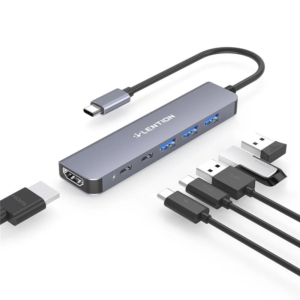 LENTION CE35sH Cloud Ala Series 6-in-1 USB-C Hub Adapter USB-C to 3 USB3.0 + HD 4K / 30Hz  + PD3.0 + USB-C Docking Station - Grey - 2