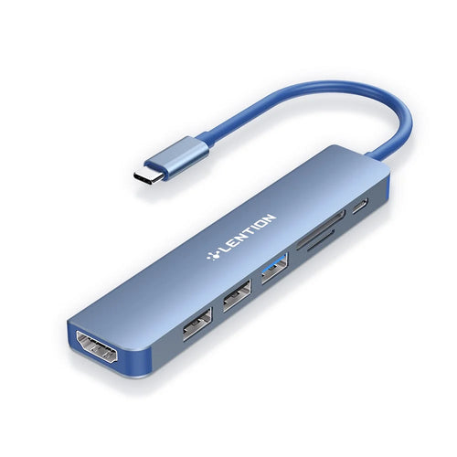 LENTION CE18HCR Cloud Ala Series Portable USB Hub Adapter Type-C Docking Station with USB+HD 4K / 30Hz+SD / TF+PD 100W - Blue - 1